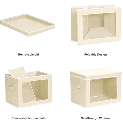 Homsorout Fabric Storage Bins with Lids, Storage Cubes with Window, Decorative Storage Boxes Baskets for Organizing, Closet Organizer Storage Bins for Home, Office, 3 Packs, Beige