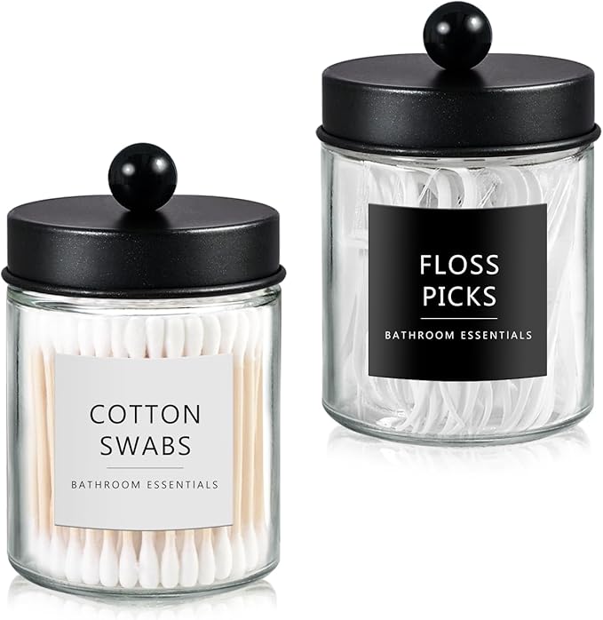 SheeChung Qtip Dispenser Holder 1pcs, Glass apothecary jars with Stainless Steel Lids &Stickers, Countertop Canister Guest Bathroom Storage Organizer Set for Cotton Swabs/Balls, Floss Picks(Black)