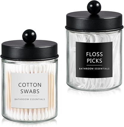 SheeChung Qtip Dispenser Holder 1pcs, Glass apothecary jars with Stainless Steel Lids &Stickers, Countertop Canister Guest Bathroom Storage Organizer Set for Cotton Swabs/Balls, Floss Picks(Black)