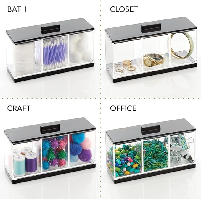 mDesign Cosmetic Divided Organizer Storage Canister Box with 3 Sections and Lid for Bathroom Vanity Countertop - Holder for Cotton Swabs, Perfume, Lipstick - Lumiere Collection - Clear/Black