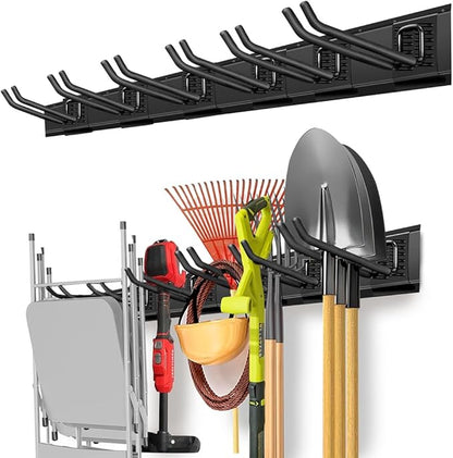 PIYILO Garage Organization, Garage Wall Organizer with 48 inches Rails and 6 Hooks, Tool Organizers Heavy Duty, Shovel Holder Wall Mount Max Load 360 LBS, Sturdy Garden Tool Rack for Folding Chairs