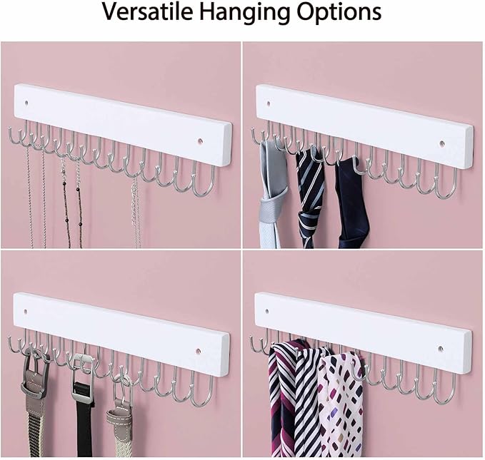 SCUNDA Hanging Jewelry Organizer Wall Mounted, Modern Jewelry Display with 28 Hooks, Decorative Necklace Holder for Wall, Space Saving Necklace Hooks, (2 Packs, White)
