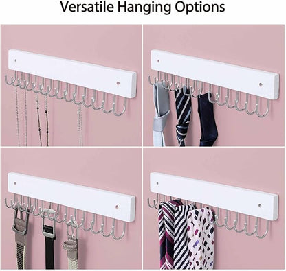 SCUNDA Hanging Jewelry Organizer Wall Mounted, Modern Jewelry Display with 28 Hooks, Decorative Necklace Holder for Wall, Space Saving Necklace Hooks, (2 Packs, White)