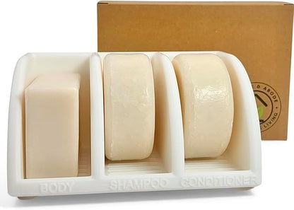 Shampoo Bar Holder for Shower, 3-Slot Soap & Conditioner Organizer with Drainage - Keeps Bars Dry & Lasts Longer - Modern Bathroom Organizer by Essence & Abode (Jade White)
