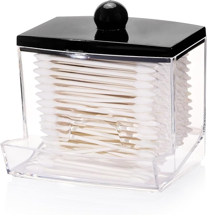 Tbestmax 10oz Qtip Holder Dispenser Big Clear Bathroom Organizer Accessories Decor for Storage-Qtips Cotton Ball Holder Apothecary Jars, Cotton Swabs, Floss Container - Black Lid