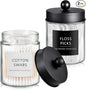 SheeChung 2-Pack Qtip Holder Dispenser - Glass Apothecary Jars with Rust-Proof Stainless Steel Lids - Modern Farmhouse Bathroom Vanity Organizer for Cotton Swabs, Balls, Pads(Black)