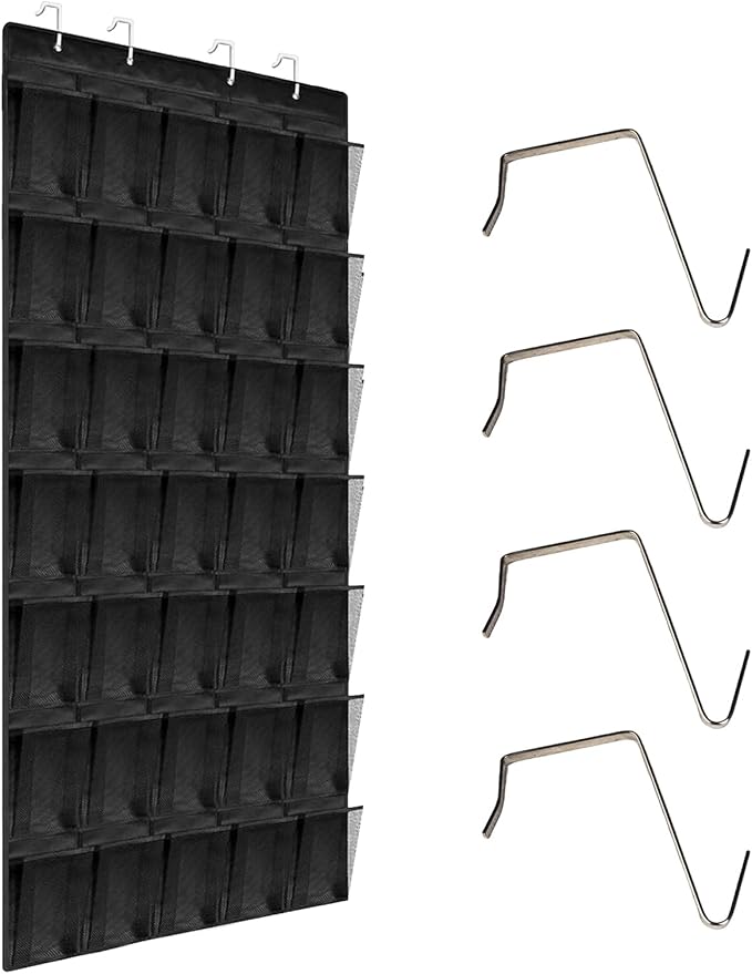 Over the Door Shoe Organizer 35 Pockets, Black Folding Hanging Shoe Rack for Door with Metal Hooks, No-Drill Install, Space-Saving Door Shoe Organizer for Closet, 67.7in x 26.4in