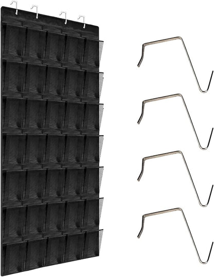 Over the Door Shoe Organizer 35 Pockets, Black Folding Hanging Shoe Rack for Door with Metal Hooks, No-Drill Install, Space-Saving Door Shoe Organizer for Closet, 67.7in x 26.4in