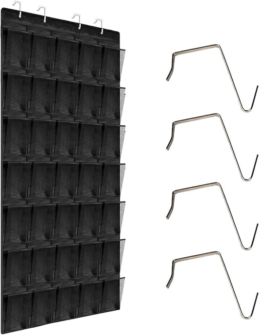 Over the Door Shoe Organizer 35 Pockets, Black Folding Hanging Shoe Rack for Door with Metal Hooks, No-Drill Install, Space-Saving Door Shoe Organizer for Closet, 67.7in x 26.4in