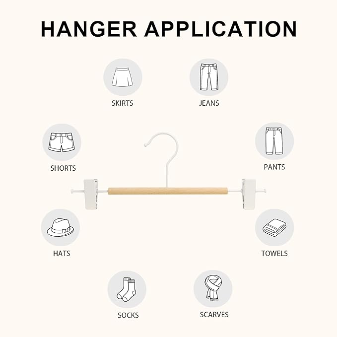 12-Pack Wire Pants Hangers with Adjustable Clips, Premium Wooden Skirt Hangers, Non-Slip Clamp Bottom Hangers for Trousers, Jeans, Shorts & Clothing Organization (White)