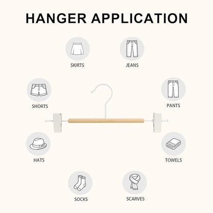 12-Pack Wire Pants Hangers with Adjustable Clips, Premium Wooden Skirt Hangers, Non-Slip Clamp Bottom Hangers for Trousers, Jeans, Shorts & Clothing Organization (White)