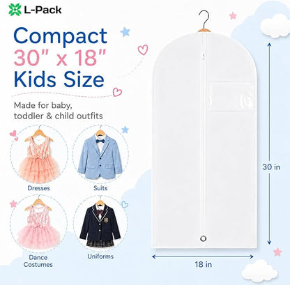 Kids Garment Bag for Hanging Clothes, Travel Garment Bag for Dresses, Dance Costumes & Suits, Breathable Clothes Cover for Baby Toddler Child, White, 30" x 18"