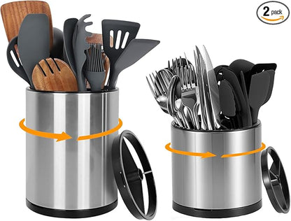 Nigelia Set of 2, Extra Large Kitchen Utensil Holder, 360° Rotating Stainless Steel Cooking Utensil Holder for Countertop, 3 Compartment Flatware Organizer (Silvery)