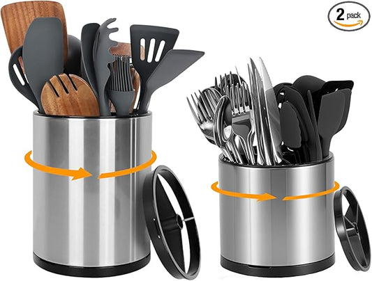 Nigelia Set of 2, Extra Large Kitchen Utensil Holder, 360° Rotating Stainless Steel Cooking Utensil Holder for Countertop, 3 Compartment Flatware Organizer (Silvery)