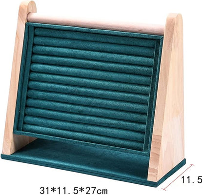 Vertical Solid Wooden Jewelry Storage Stand Large Capacity Hanging Organizer Display Board Rack with 10 Strip Slots for Chest Pin Earrings Jewelry Ring Small Ornament (Dark Green)