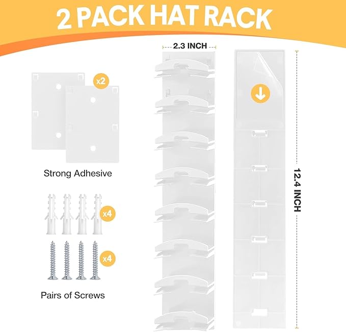 HINIHAO 2 Pack Hat Organizer for Baseball Caps, Hat Rack for Wall with Strong Adhesive, Wall Mounted Hat Hooks Hold up to 16 Hats for Closet Door and Bedroom (White)