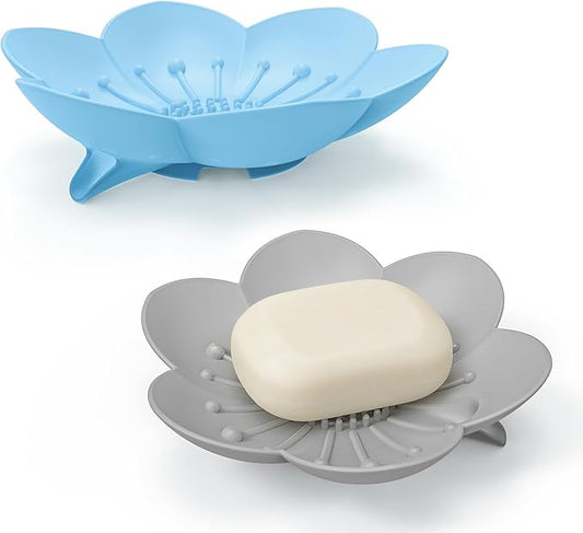 Soap Dishes 2 Pack Self Draining XL Flexible Bar Holder for Shower Steamer, Silicone Flower Soap Saver Tray for Counter Bathtub Sink Bathroom Decor with Drainage -Mirror Surface Easy Clean, Grey/Blue