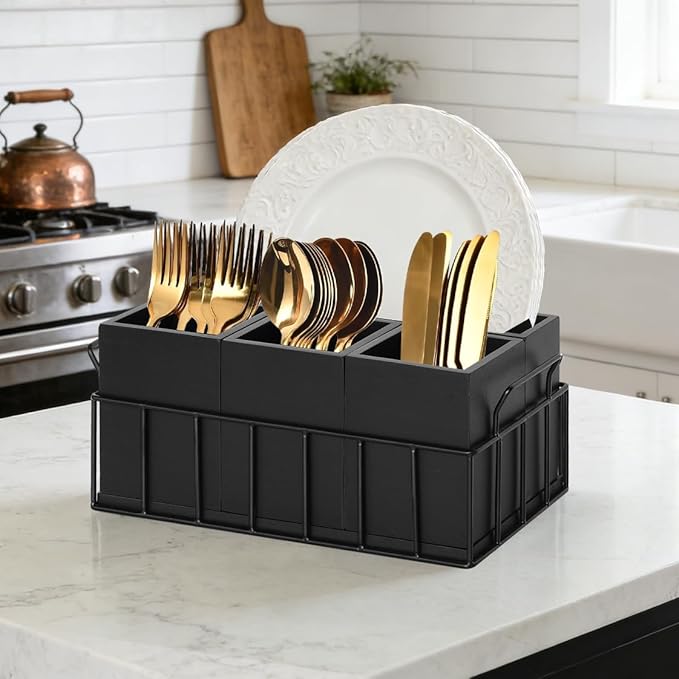 Silverware Holder for Party, Wood Utensil Holder with 4 Removable Compartments for Countertop, Silverware Caddy Flatware Organizer Box for Utensil Spoons Forks Plates Napkin, Detachable Sevring Caddy