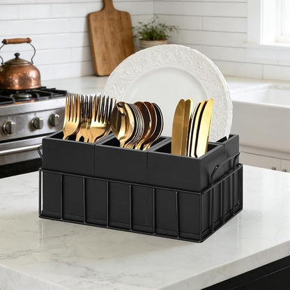 Silverware Holder for Party, Wood Utensil Holder with 4 Removable Compartments for Countertop, Silverware Caddy Flatware Organizer Box for Utensil Spoons Forks Plates Napkin, Detachable Sevring Caddy