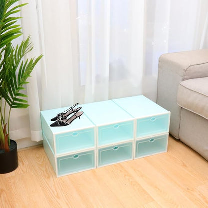Stackable Shoe Boxes for Women, Thickened Plastic Shoe Storage Containers with White Frame Blue Lid, 6pcs Sturdy Organizer for Closet and Sneaker Storage