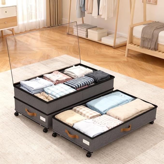 Under Bed Storage with Wheels 2-Pack, 75L XXL Under the Bed Storage Containers Large, 12" Tall Adjustable Storage for Underbed with Lids, Rolling for Clothes, Shoes, Blankets (Grey)