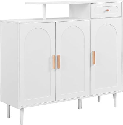 JIVOIT Shoe Cabinet with Adjustable Shelves and Drawer, Cream Style Storage Sideboard with Arched Doors, Solid Wood Legs, Wood Shoe Rack for Entryway, Living Room (White,164)