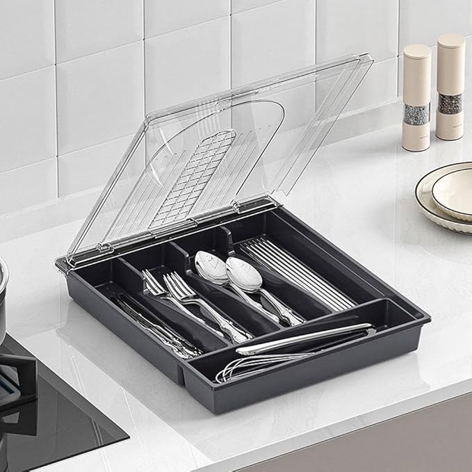 Utensil Tray with Lid, 6 Compartments Covered Silverware Organizer Case for Spoons Forks, Plastic Cutlery and Flatware Storage Box for Kitchen Drawer and Countertop(Gray)