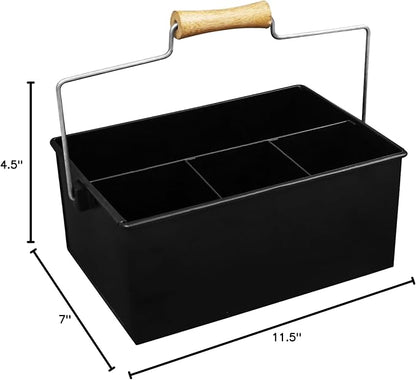 Alpha Living Home Heavy Duty Metal Alloy Utensil Silverware Caddy - 4 Compartment Flatware Organizer with Handle - Farmhouse Rustic Kitchen Storage for Countertop, Tabletop, Picnics & Parties (Black)