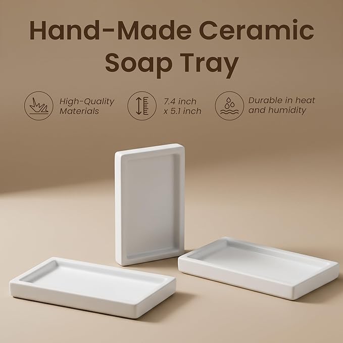 MaisoNovo White Bathroom Tray Countertop - 7.4x5.1 inch Handcrafted Ceramic Kitchen Tray for Soap Bottles, Perfume, Jewelry - Moisture Resistant - Rectangle Bathroom Dish with 4 Anti-Slip Pads