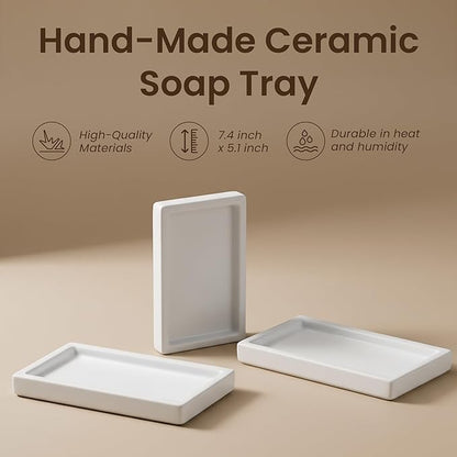 MaisoNovo White Bathroom Tray Countertop - 7.4x5.1 inch Handcrafted Ceramic Kitchen Tray for Soap Bottles, Perfume, Jewelry - Moisture Resistant - Rectangle Bathroom Dish with 4 Anti-Slip Pads
