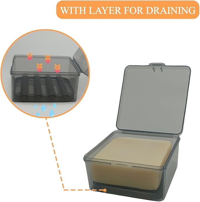 Travel Soap Container with Draining Layer, Square Soap Dish Bar Soap Holder for Shower with Lid Soapbox Bathroom Soap Dishes fit Dr Squatch Bars for Traveling Vonpri (Transparent Black)