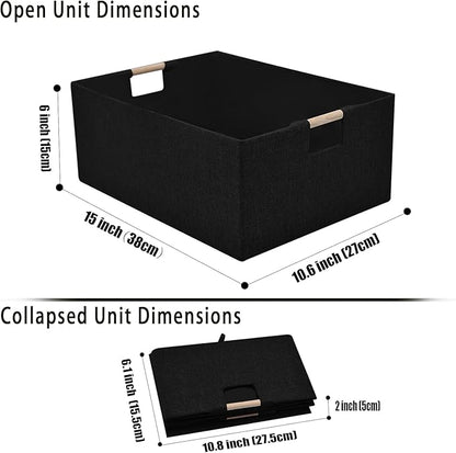 xianshengle Fabric Storage Basket for Shelves, Collapsible Storage Bins with wood Handles, Rectangle Closet Baskets, Wardrobe Organiser, for Sorting Clothes, Family Items (Black) (2)