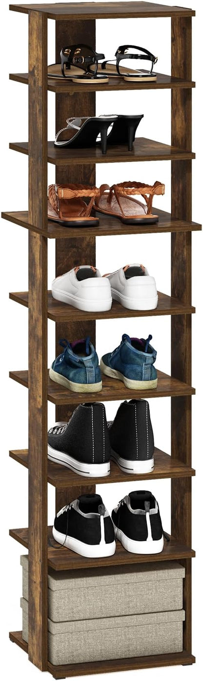 Furinno Compact Vertical Shoe Rack, 9-Tier Narrow Shoe Organizer, Free Standing Shoe Storage, Shoe Shelf for Boots, Sneakers, 12 x 12.6 x 51, for Closet, Entryway, Office, Garage, Amber Pine