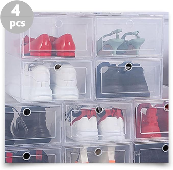 VICASKY Pp Plastic Shoe Storage Boxes, 4pcs Drawer-type Stackable Shoe Containers for Men and Women, Home Closet Organization and Sneaker Storage