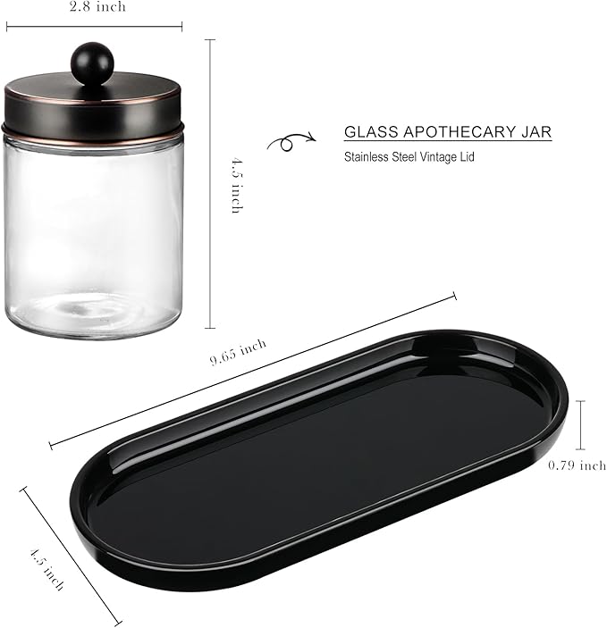 SheeChung 3pcs Glass Qtip Holder with Tray - Oil Rubbed Bronze Bathroom Storage Jars - Apothecary Jar Set for Cotton Swabs & Floss Picks - Decorative Vanity Organizer