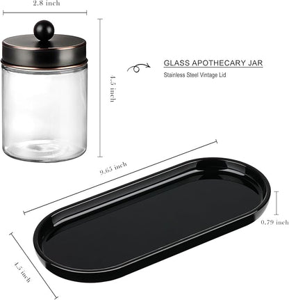 SheeChung 3pcs Glass Qtip Holder with Tray - Oil Rubbed Bronze Bathroom Storage Jars - Apothecary Jar Set for Cotton Swabs & Floss Picks - Decorative Vanity Organizer