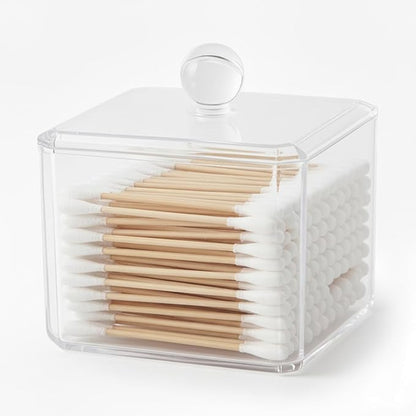 Cotton Swab Holder with Clear Plastic Lid, Single Layer Cotton Bud Dispenser, Premium Plastic Organizer for Guest Bathroom Vanity, Floss Pick & Hair Tie Storage Container