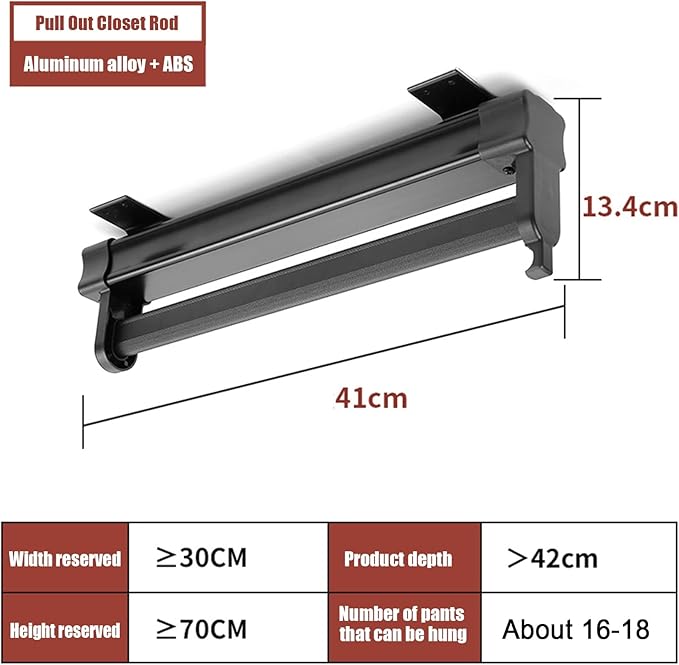 Heavy Duty Retractable Pull Out Pants Rack,Aluminum Alloy Pull Out Closet Valet Rod,Extendable Wardrobe Rail Tube for Hanging Clothes, Top Mount (Color : Black, Battery *1 : 41cm)