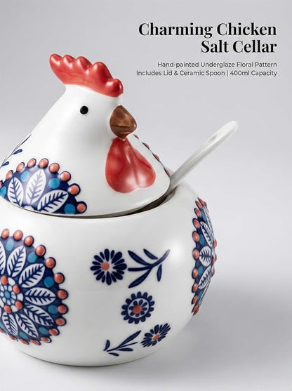 Ceramic Salt Cellar with Lid and Spoon 13oz Large Chicken Rooster Cookie Jar Salt Containers Holder for Counter, Coffee, Sugar, Spices and Candies Holder Ideal for Easter Day Home Kitchen Decor (Blue)