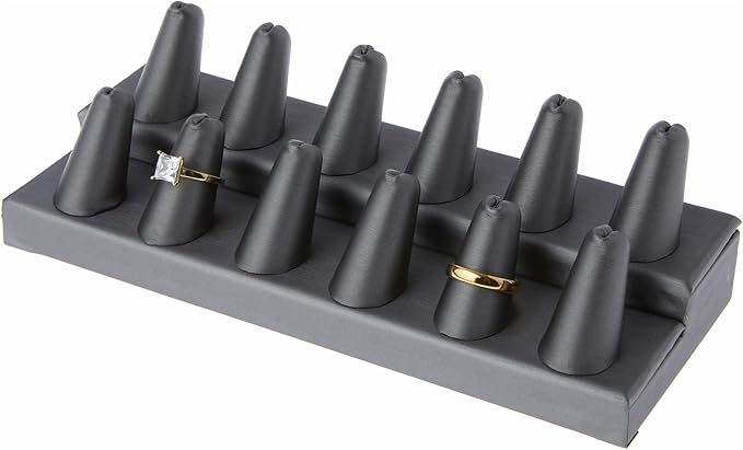 Plymor Gray Faux Leather 2-Tier Ring Finger Display, Twelve on Rectangular Base, 8.125" W x 3.25" D x 2.5" H (Pack of 12)