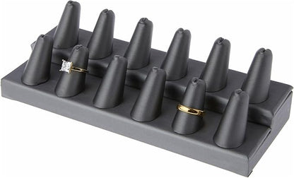 Plymor Gray Faux Leather 2-Tier Ring Finger Display, Twelve on Rectangular Base, 8.125" W x 3.25" D x 2.5" H