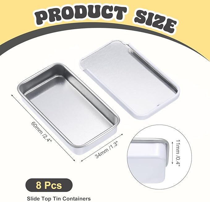 uxcell 8Pcs Slide Top Tin Containers, Mini Metal Empty Tins Box with Sliding Lids, 2.4"x1.3"x0.4" Rectangular Storage Organizers for Lip Balm, Solid Perfume, Small Items, Bright White