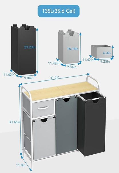 Yecaye Laundry Sorter 3 Section, Laundry Hamper with Shelf and 1 Drawer, 35.7Gal(135L) Clothes Basket Organizer, Pull-Out and Removable Oxford Fabric Laundry Bags for Laundry Room, Bedroom, Bathroom