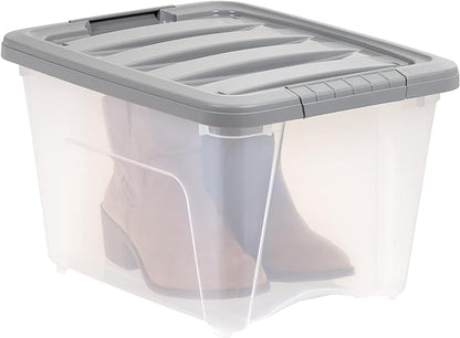 Amazon Basics Plastic Storage Containers with Secure Latching Lids, Stackable Organization Bins, Clear/Grey, 19 Quart, Set of 6