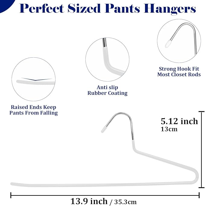 50 Pack Open Ended Pants Hangers with Non Slip Design,Suitable for Trousers,Jeans,Towels for Closet Space Saving,Durable Metal Material with Rubber Coating (White)