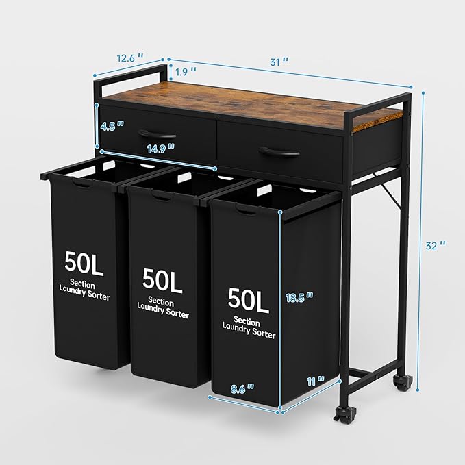 Laundry Sorter with 3 Section Pull Out Bags Rolling Laundry Basket Organizer with 2 Drawers Laundry Hamper with Shelves and Wheels for Laundry Room, Bathroom, Bedroom Organization (1 Tier)