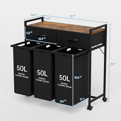 Laundry Sorter with 3 Section Pull Out Bags Rolling Laundry Basket Organizer with 2 Drawers Laundry Hamper with Shelves and Wheels for Laundry Room, Bathroom, Bedroom Organization (1 Tier)