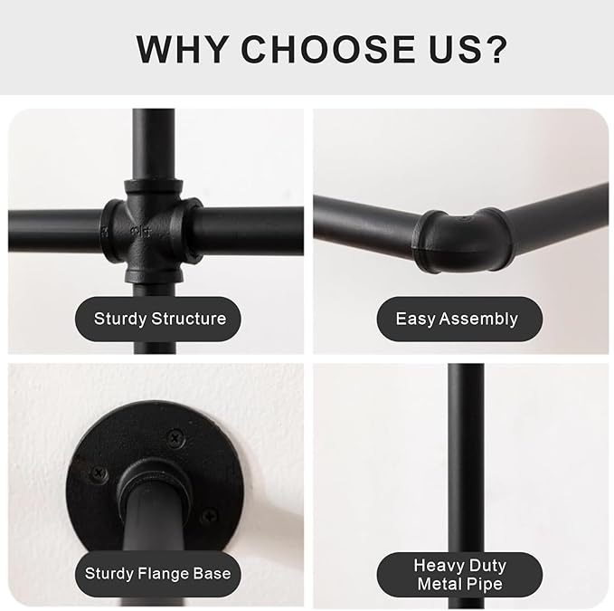 Industrial Pipe Black Clothing Racks Wall Mounted, Rustic Industrial Pipe Clothes Rack Design - Stylish & Heavy Duty Corner Garment Racks, Perfect for Home or Retail Display