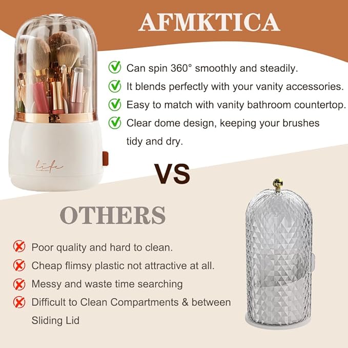 Upgrade Makeup Brush Holder Organizer with Lid, Automatic Lifting Dustproof Makeup Brushes Organizer with 4 Compartments for Vanity，Cosmetic Storage for Dresser Countertop (White transparent)
