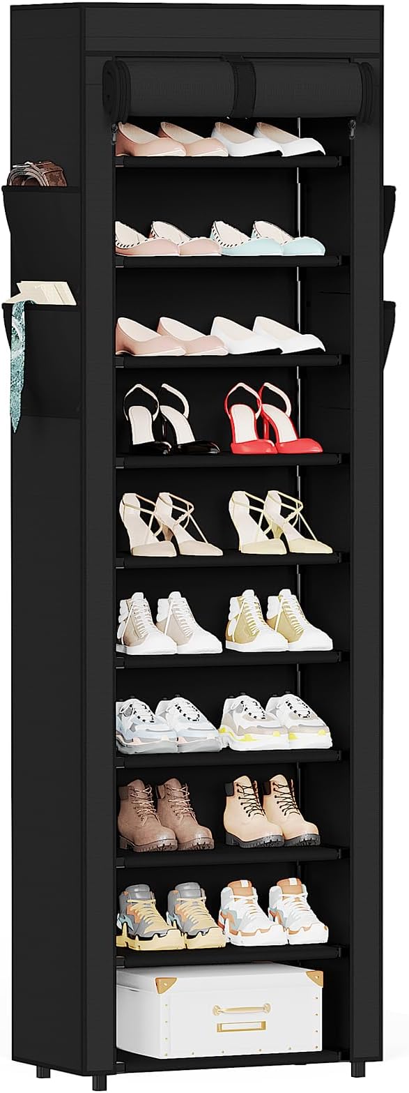 Mavivegue Shoe Rack with Cover, 10 Tier Tall Shoe Organizer for 18-22 Pairs of Shoes, Shoe Organizer with 4 Side Pockets, Shoe Cabinet for Entryway, Closet
